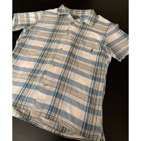 Eddie Bauer Plaid Button Down Shirt Mens L Blue Short Sleeve Linen/Cotton Causal - Picture 1 of 9
